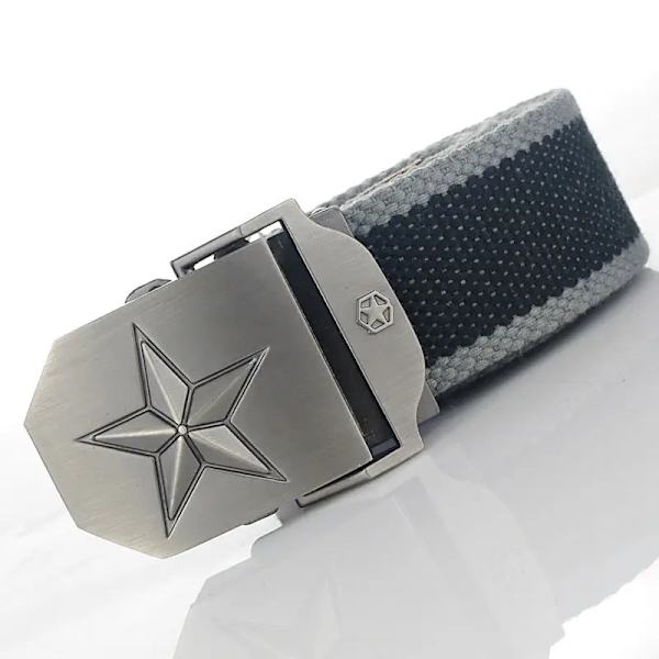 BOKADIAO Herr & Kvinnor Militär Canvas bälte lyxigt 3D-stjärna Metallspänne jeansbälte Army taktiska bälten för män midjeband hane Black gray side 100cm