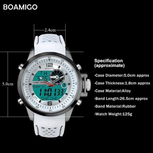 BOAMIGO Luminous Military White Quartz Waterproof Watch Top Märke Lyx Watch Herr Watch Gummiband Analog Digital Watch RedWithBox