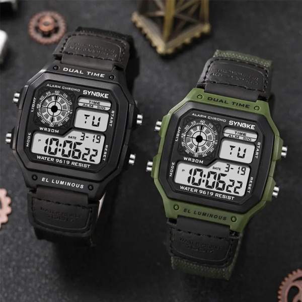 SYNOKE Digital Watch för män Led Vattentät Man Nylon Klockor Lyx Sport Man Armbandsur Stor väckarklocka Relojes Deportivos Black dial-green