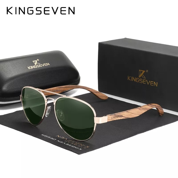 KINGSEVEN 2022 Nya handgjorda träsolglasögon polariserade herrglasögon UV400 skyddsspegel Glasögon trätemplar Oculos Z5518 Green G15 Original