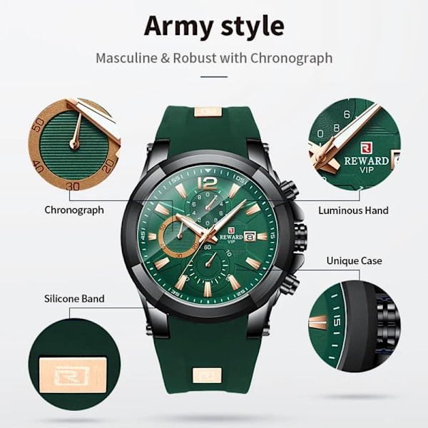 REWARD Mode Watch Vattentät Chronograph Timepiece Man Sport Date Quartz Armbandsur Anti-Scratch Luminous Watch Rose