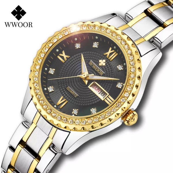 WWOOR Damklockor Märke Lyx Diamond Dress Quartz Watch i rostfritt stål Armband för Kvinnlig presentklocka silver white box