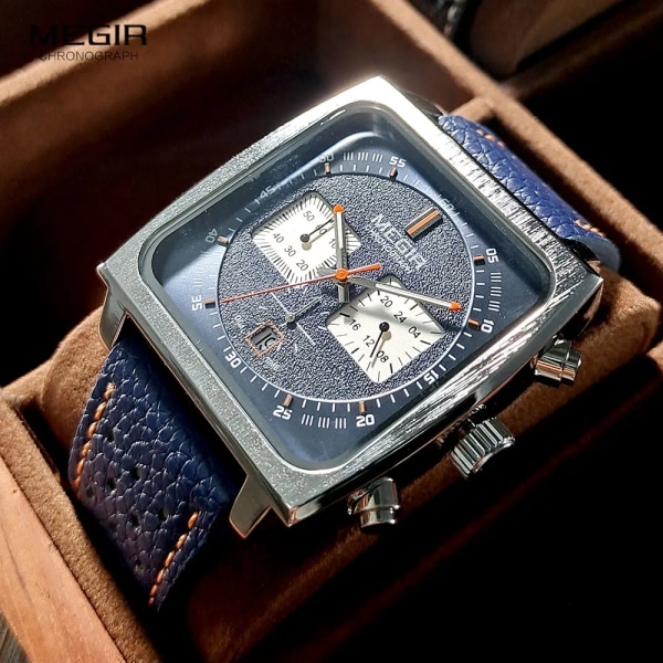 MEGIR Blue Square Dial Watch för män Casual Sport Läderrem Chronograph Quartz Armbandsur med datum 24-timmars 3atm Vattentät Silver Black-Box