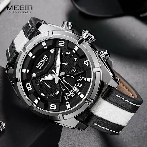 MEGIR Mode Herrkronograf Kvartsklockor Läderrem Lysande händer 24-timmars Sport Analog Armbandsur för Man 2076Vit White Black-Box