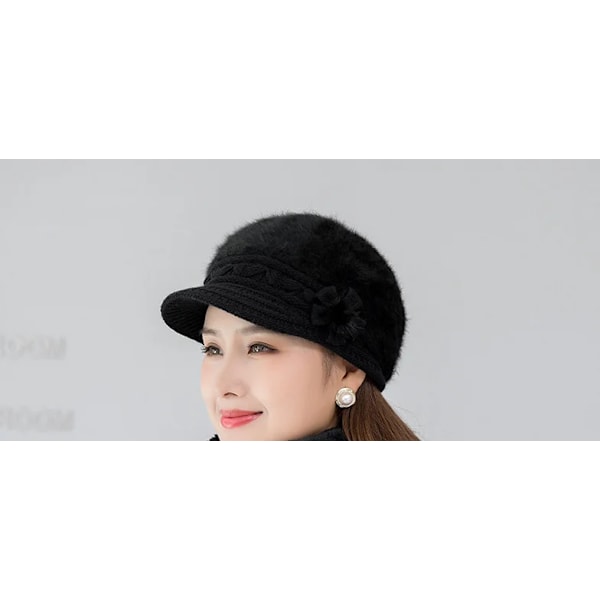Ny vintermössa Tjock varm stickad mössa Halsduk Vantar 3-delars set för kvinnor Elegant blommig basker Utomhus Skidåkning Ridhjälm black hat
