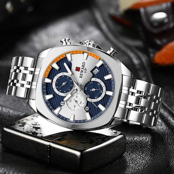 REWARD Herrklockor Toppmärke Lyx Rostfritt stål Kronograf Watch För Herr Mode Datum Vattentät Klocka Reloj Hombre Silver Blue