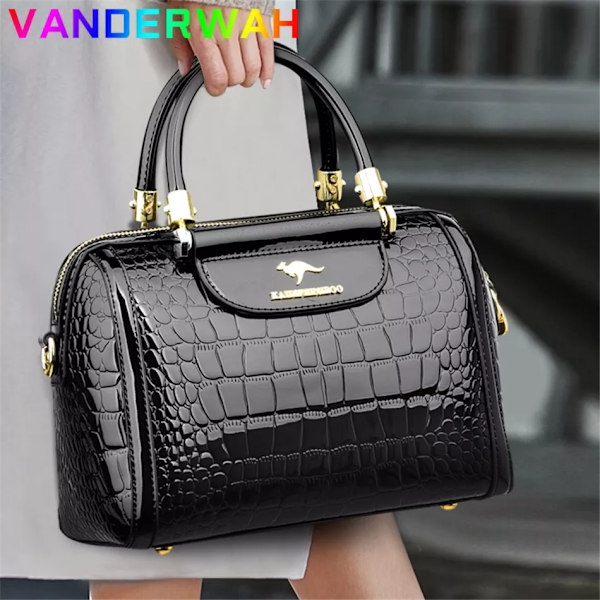 Lyxiga handväskor i lack för kvinnor Designer Krokodilmönster Damaxelväska Crossbody-väska Nya Messenger-väskor för damer Black