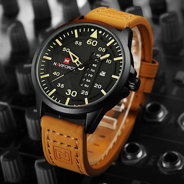 NAVIFORCE Lyxmärke Herr Army Militärklockor Herr Quartz Dateklocka Man Läderarmband Watch Relogio Masculino Black Yellow