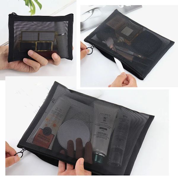 1 STK Kvinnor Nödvändig Kosmetikväska Transparent Mesh Dragkedja Organizer Mode Liten Stor Svart Toalettpåsar Case Black4 M