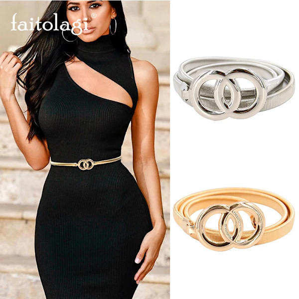 Elastiskt metall midjebälten för klänningar Metall Silver Guld Färg Dambälten Stretch Skinny Kvinna Runt Löv Spänne Kvinnor Bälten gold 1 70cm