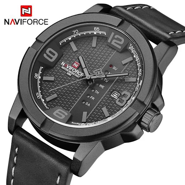 NAVIFORCE Herr Casual Läder 30m Vattentäta klockor Militärsport Man Armbandsur Quartz Kalender Man Klocka Relogio Masculino BGYB-BOX