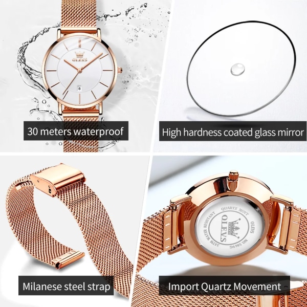 OLEVS 6,5 mm Ultra Tunna klockor för kvinnor Rose Gold Rostfritt stål Vattentät Dam Armbandsur Big Face Quartz Watch Presentbox Rose blue
