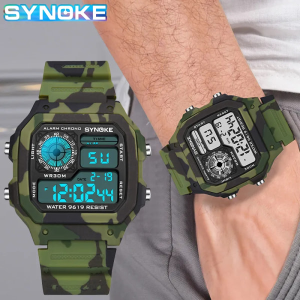 SYNOKE Digital watch för män Mode Kamouflage Militär Armbandsur Vattentät Digitala klockor Löparklocka Relogio Masculino Camouflage Green