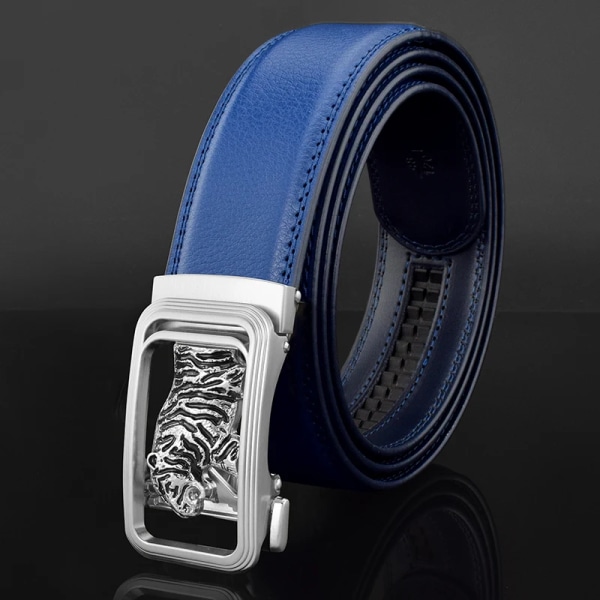 Lyxmärke tiger automatiskt spänne man vitt bälte äkta läder modedesigner Casual Hög kvalitet ceinture homme Blue silver 110cm