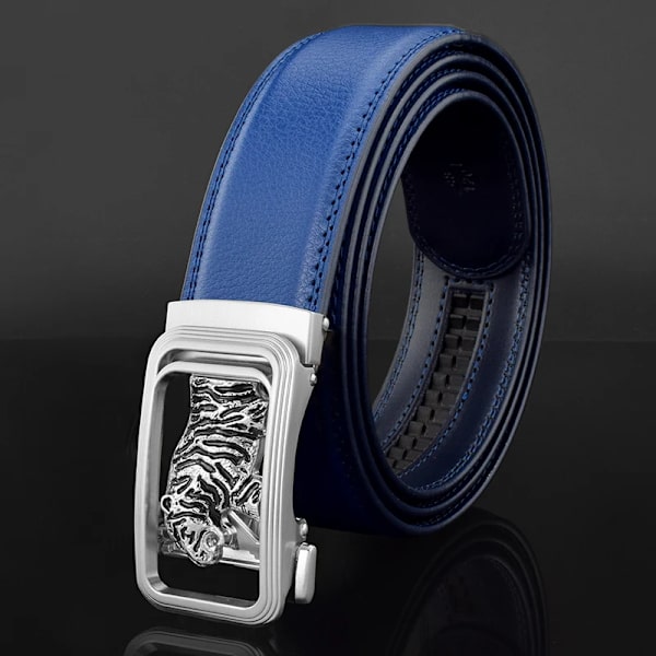 Lyxmärke tiger automatiskt spänne man vitt bälte äkta läder modedesigner Casual Hög kvalitet ceinture homme Blue silver 115CM