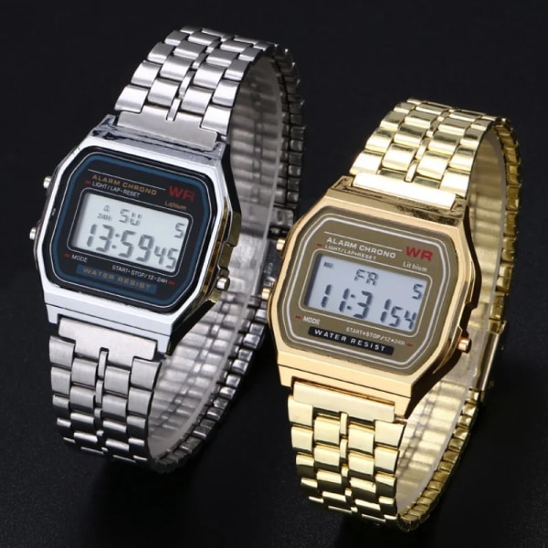 F91W Digitala herrklockor Lyxig rostfritt stål länkarmband Watch Band Business Elektronisk manlig klocka Reloj Hombre Gold(.572)