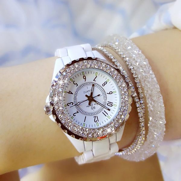 BS 2020 Toppmärke Watch för kvinnor Vit keramiskt band Watch Kvartsmode Dam Strass Svarta klockor white
