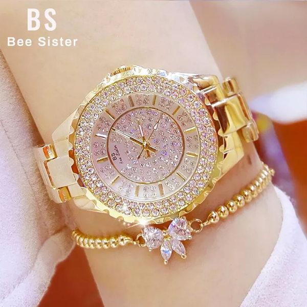 Damklockor Guld Lyxmärke Diamond Quartz Damarmbandsur Rostfritt stål Klocka Watch relogio feminino 2022 1258-silver gold