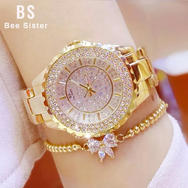 Damklockor Guld Lyxmärke Diamond Quartz Damarmbandsur Rostfritt stål Klocka Watch relogio feminino 2022 1506-rs gd bracelet