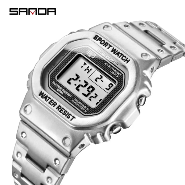 SANDA Watch Mode Toppmärke Lyx LED Digital Watch Herr Militär 5ATM Vattentät Watch Relogio Masculino Silver