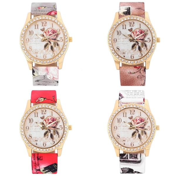 Mode Damklockor Kvinnor Printed Watch Lyx Casual Quartz Läder Watch Mode Kvinnlig Klänning Klockor Relogio Rose