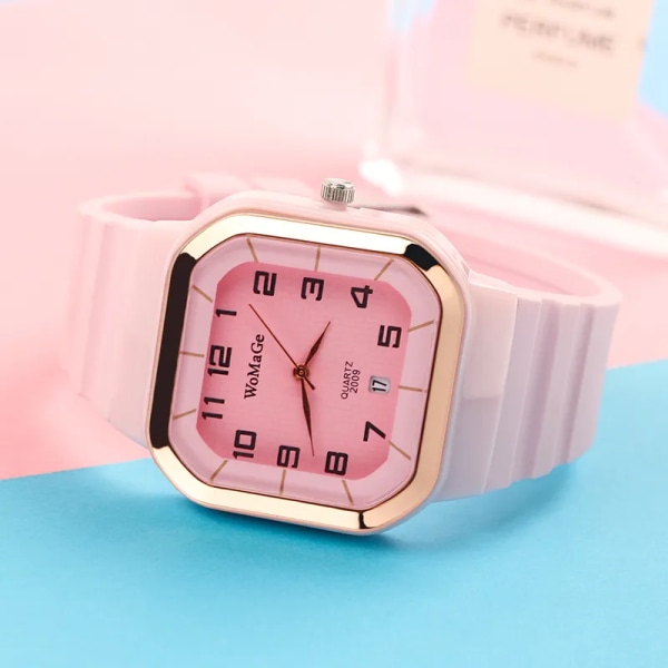 Watch Enkelt silikonband Womage Mode Quartz Rektangel Urtavla Klockor Dam Casual Kvinnlig Klocka montre femme saati Pink