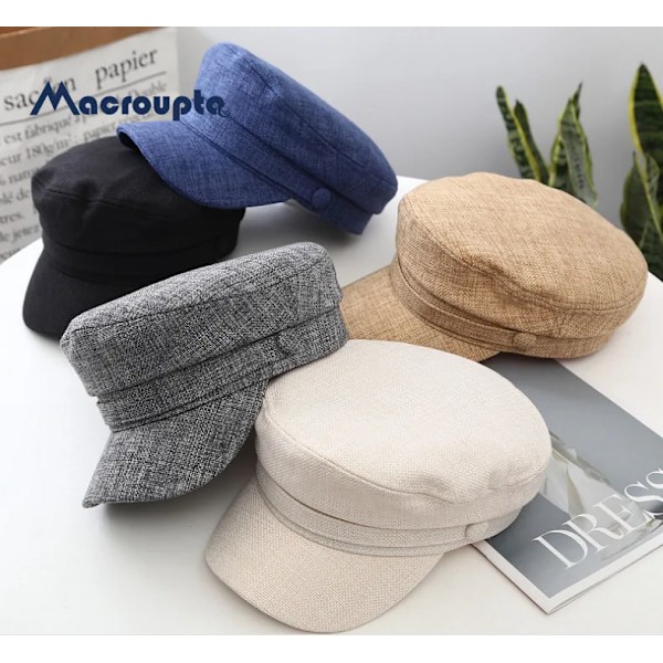 Kvinnors Hatt Platt Keps Militärkeps Vår Höst Linne Åttkantig Keps Enfärgad Platt Topp Militärhattar Ung Student Hatt Kvinna N316-Khaki 56-58cm