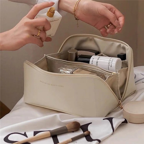 Skönhetsväska med stor kapacitet Bärbar sminkpåse i läder, vattentät badrumstvättväska, multifunktionell toalettartiklar Beige-logo