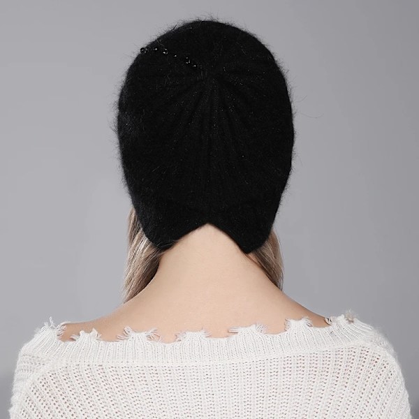 Cntang Angorahatt för kvinnor, vinter, stickad, varm, mössa, mode, lyxig designerhatt för kvinnor med pärldiamant White