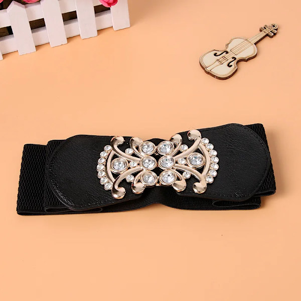 Mode smalt korsettbälte Vilt mode infällda strass, mångsidig stretch, elastisk kjol, gördel, elastiskt bälte korsettbälte Black Button 60-80cm