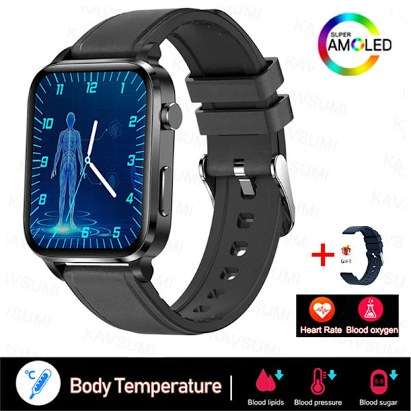 Smärtfri Icke-invasiv åtgärd Blodsocker Watch Män Laserbehandling Blodtryck Hälsa Kvinnor Glukometer Smartwatch Black Leather