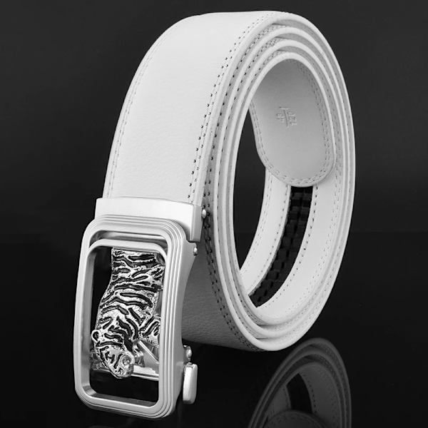 Lyxmärke tiger automatiskt spänne man vitt bälte äkta läder modedesigner Casual Hög kvalitet ceinture homme White silver 115CM