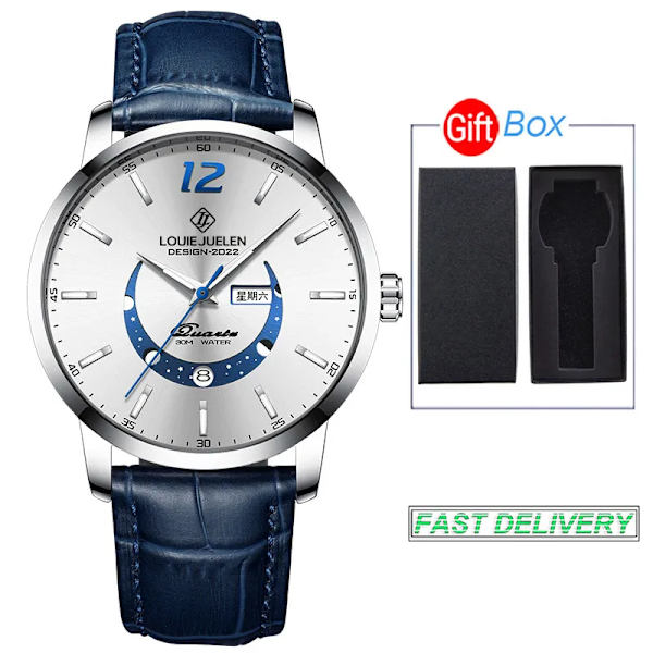 BELUSHI Moon Phase Armbandsur Herr Lyx Topp Märke Vattentät Modekalendervecka Kvarts Presentklocka Sport Lysande Läder LE and BOX