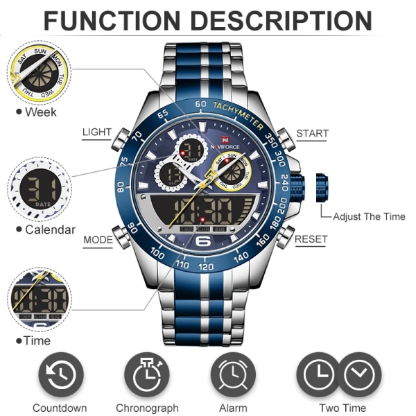 NAVIFORCE Lyx watch för män Digital sportkronografklocka Quartz Armbandsur Man Military Steel Band Vattentät watch GG