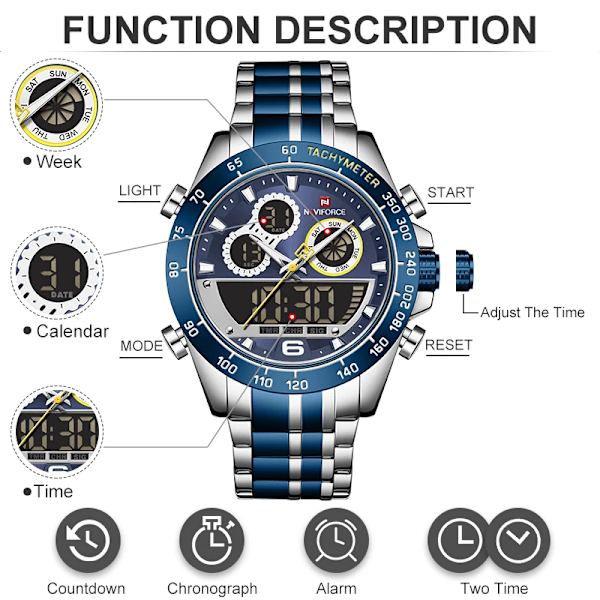 NAVIFORCE Lyx watch för män Digital sportkronografklocka Quartz Armbandsur Man Military Steel Band Vattentät watch SBEBE-BOX