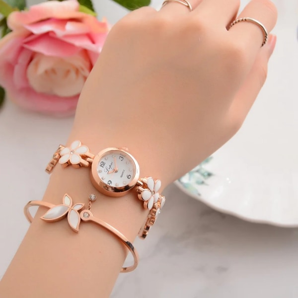 LVPAI Brand Klockor Dam Daisies Blomma Guld Strass Armband Armbandsur Watch Kvinna Mode Klassisk watch White