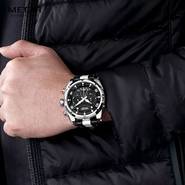 MEGIR Mode Herrkronograf Kvartsklockor Läderrem Lysande händer 24-timmars Sport Analog Armbandsur för Man 2076Vit Red Black-Box