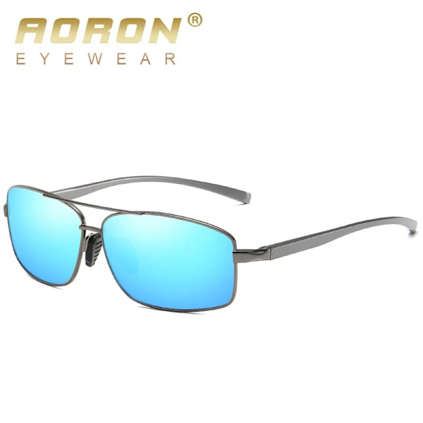 AORON Classic Retro Polarized Solglasögon Herr Rektangulära Solglasögon Aluminiumram Solglasögon Herr UV400 Grey Blue Zipper Glasses Case
