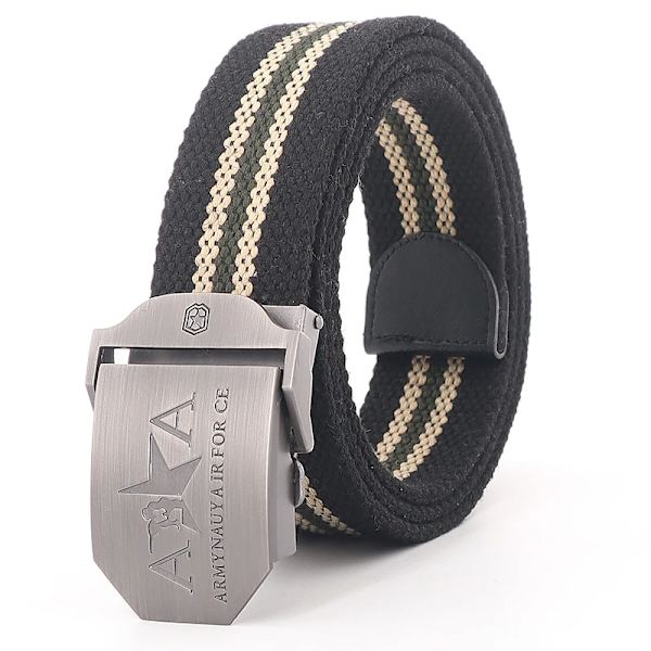 Män och kvinnor Militär canvas bälte metall automatiskt spänne utomhus militär träning taktiskt bälte polis unisex jakt jeans gördel Black stripes 110cm