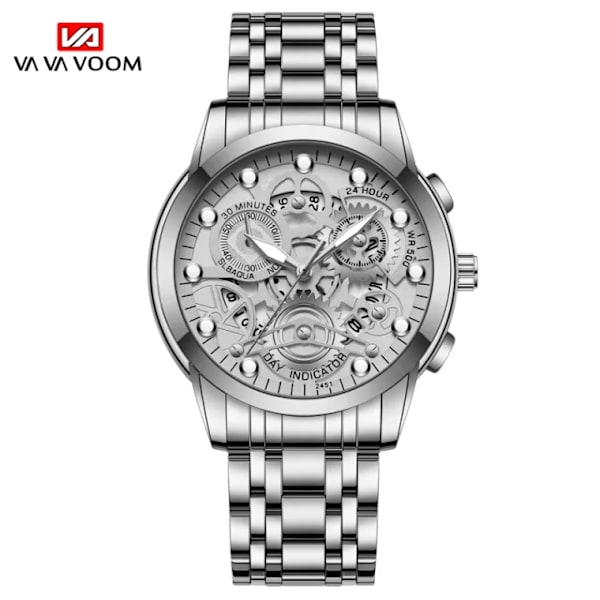 Watch för män Skelettdesign Mode Mekanisk stil i rostfritt stål Quartz rörelsekalender Vattentät Armbandsur för män 2451YY