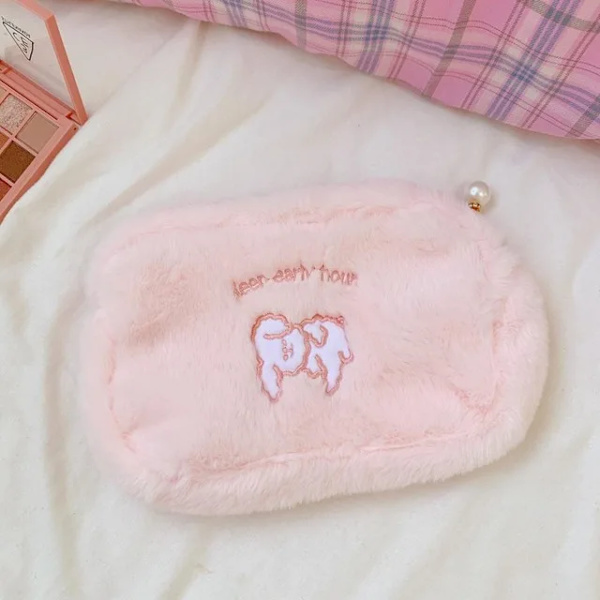 Plysch kosmetisk väska Korea Student School Case Flickor Stor kapacitet Förvaringsväska Kvinnor Rese Sminkning Påse Hållare Flickor Present Pink dog