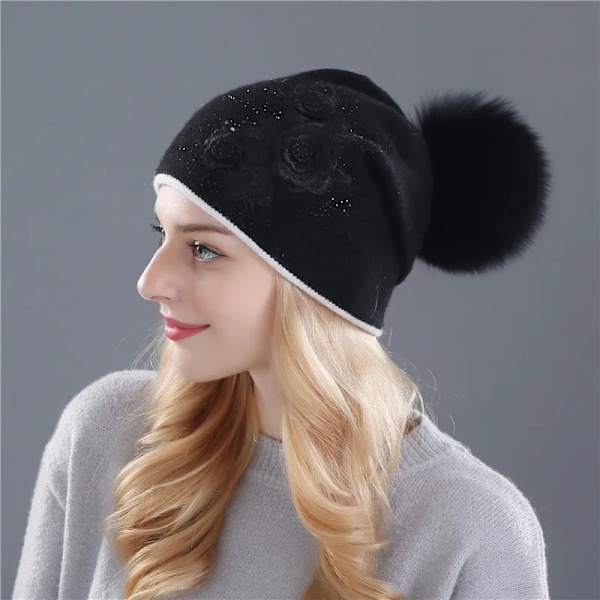 Xthree Vintermössa för Kvinnor, Blank Rhinestone Cashmere Stickad Mössa med Pompom Black