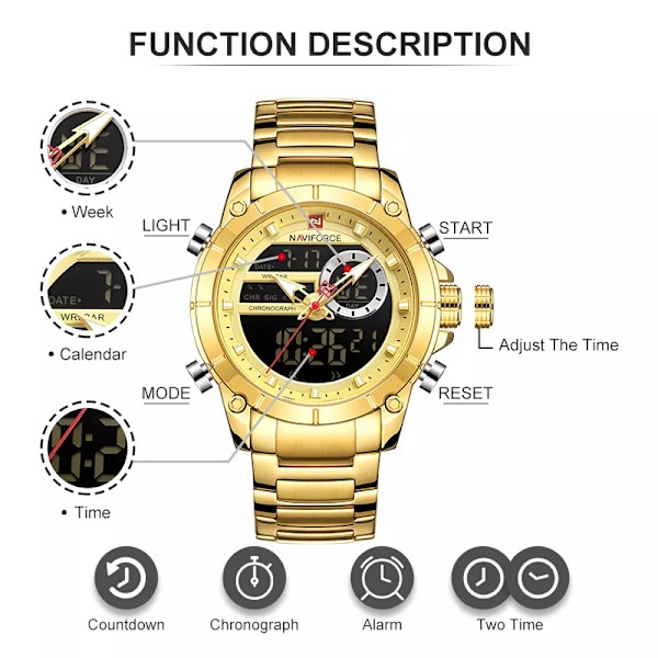 NAVIFORCE Luxury Original Watch för män Kvartsstål Vattentät Dual Display Modeklockor Relogio Masculino 9163 RGBEBE BOX