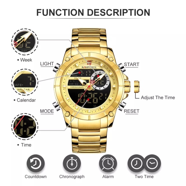 NAVIFORCE Luxury Original Watch för män Kvartsstål Vattentät Dual Display Modeklockor Relogio Masculino 9163 RGCE BOX