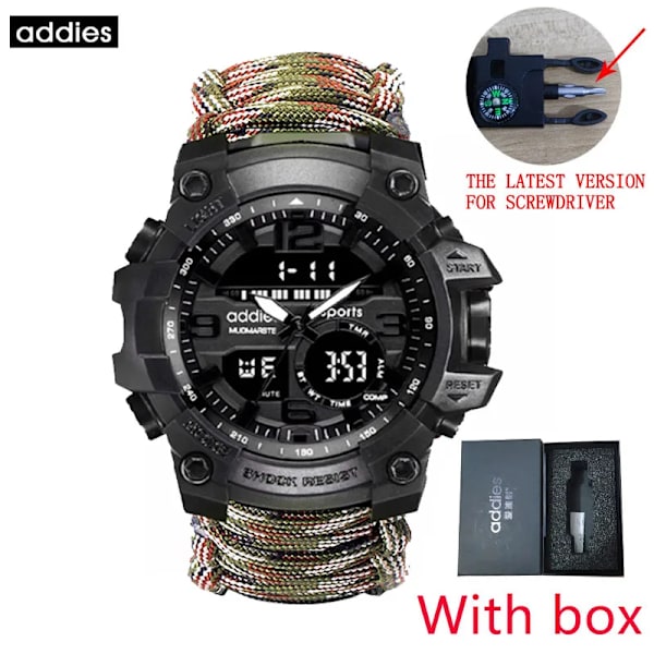 ADDIES Herr Militärsport Digitala klockor Kompass Outdoor Survival Multifunktion Vattentät Watch Relogio Masculino Camouflage with box