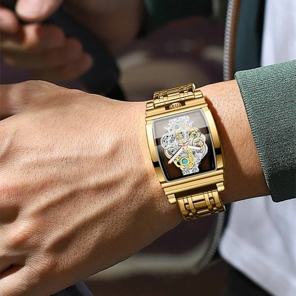 2023 Mode Watch Toppmärke Lyx Sport Kvarts Herrklockor Stål Vattentät ihålig Armbandsur Herr Relogio Masculino Leather gold