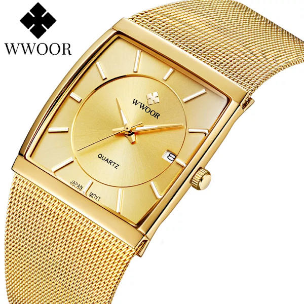 WWOOR Luxury Gold Watch Herr fyrkantig Japan Quartz Slim Steel Mesh Vattentät Sport Automatisk Date Armbandsur Relogio Masculino black black