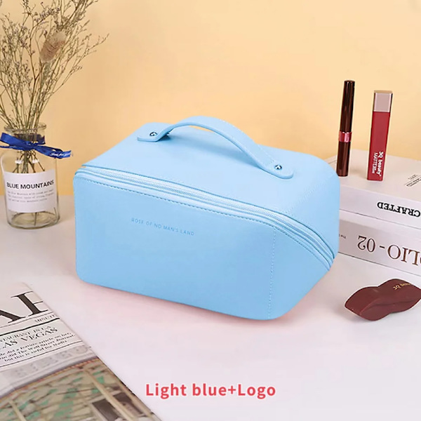 Skönhetsväska med stor kapacitet Bärbar sminkpåse i läder, vattentät badrumstvättväska, multifunktionell toalettartiklar light blue-logo