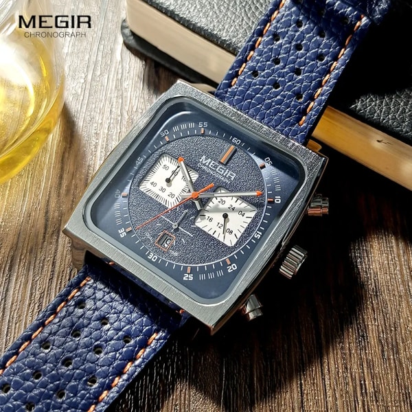 MEGIR Blue Square Dial Watch för män Casual Sport Läderrem Chronograph Quartz Armbandsur med datum 24-timmars 3atm Vattentät Blue-Box
