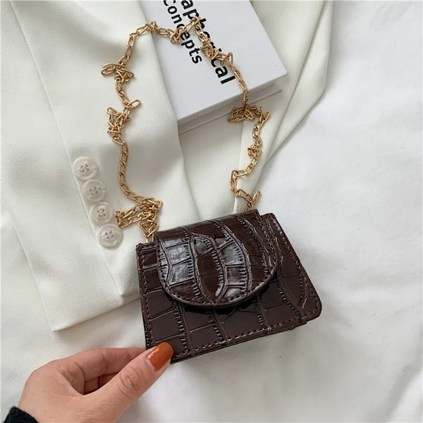 Kvinnor Axelväskor Stenmönster Pu Läder Trend Designer Kedja Haspväskor Myntväska Mini Enkel fyrkantig väska Dark Brown Super MIni